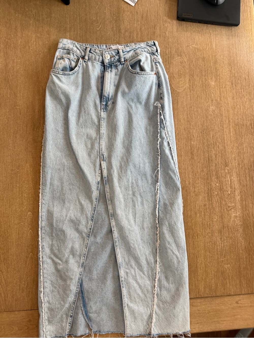 Zara Light Wash Denim Wrap Midi Skirt Women’s Small US S Asymmetrical Raw Hem